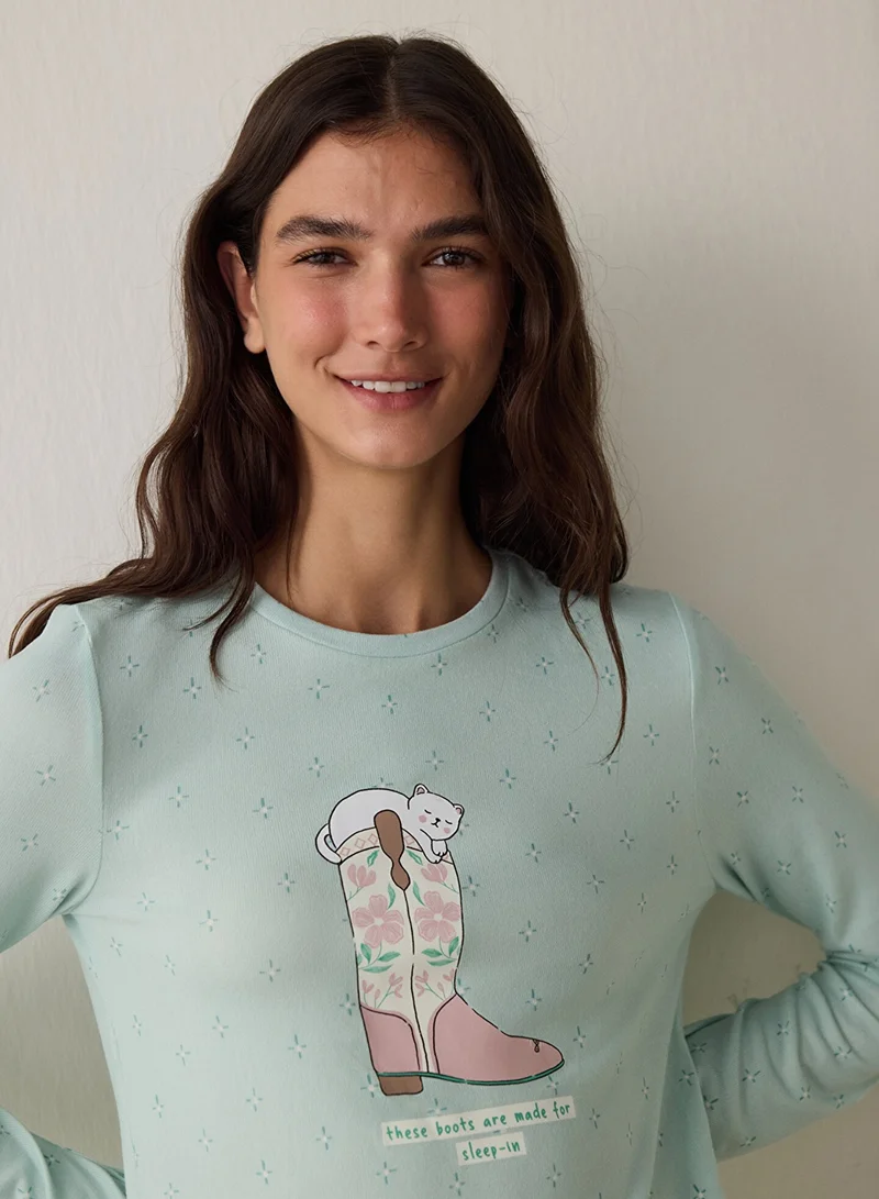 Penti Thermal Effect Crew Neck Long Sleeve Pajama Top with Sleep-In Slogan